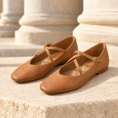 Rose Cross-Strap Mary Jane Flats - Brown, full pair