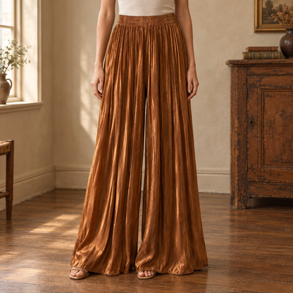 Ondine Pleated Satin Wide-Leg Pants — Brown, worn, full pants