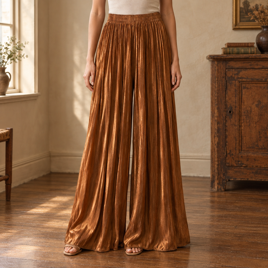 Ondine Pleated Satin Wide-Leg Pants — Brown, worn, full pants