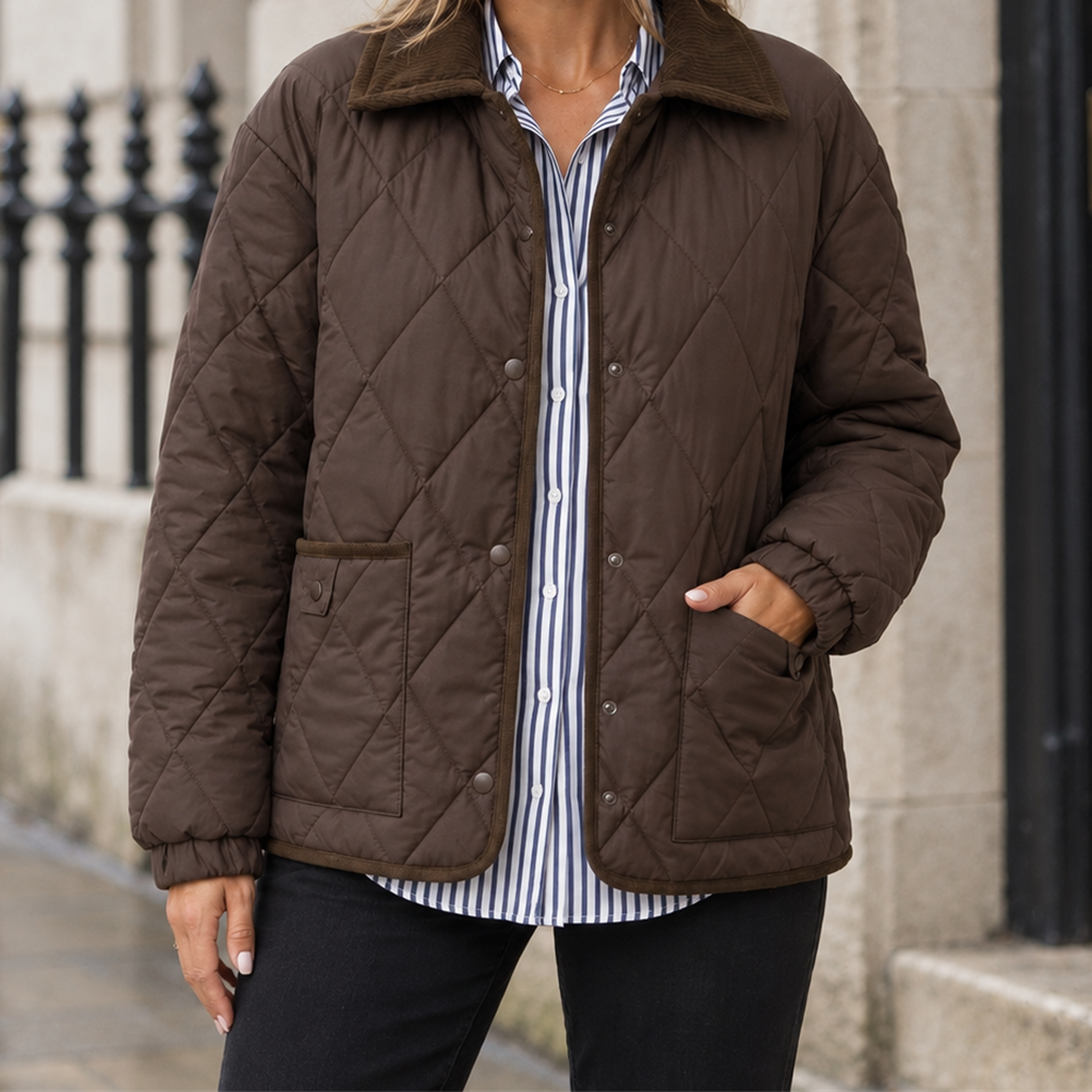 Linnea Corduroy-Collar Quilted Jacket - Brown, worn, full jacket