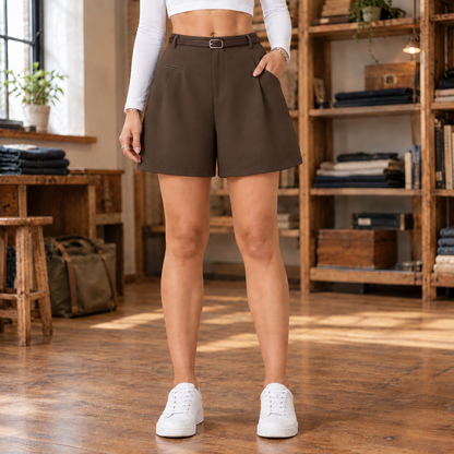 Lauren Belted Pleated Shorts - Brown, worn, full shorts