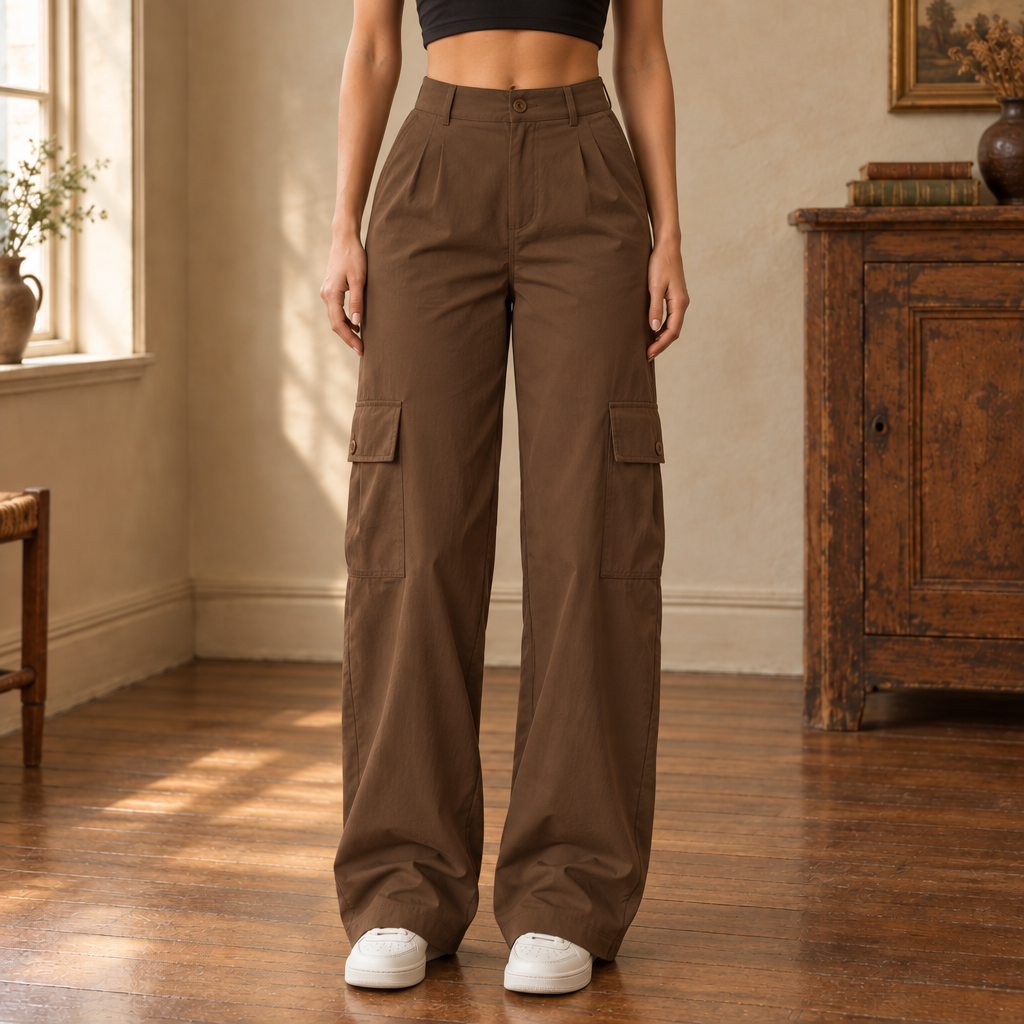Maren High-Rise Cargo Pants — Brown, worn, full pants