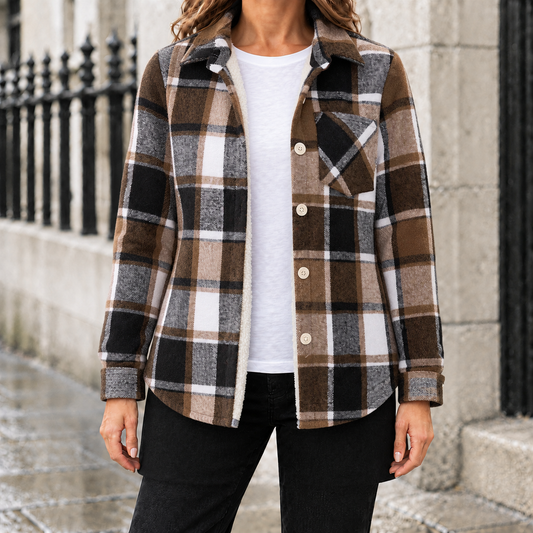 Riley Fleece-Lined Plaid Shirt Jacket - Brown, worn, full jacket