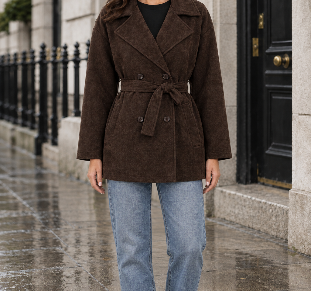 Julia Belted Faux-Suede Wrap Jacket - Brown, worn, full jacket