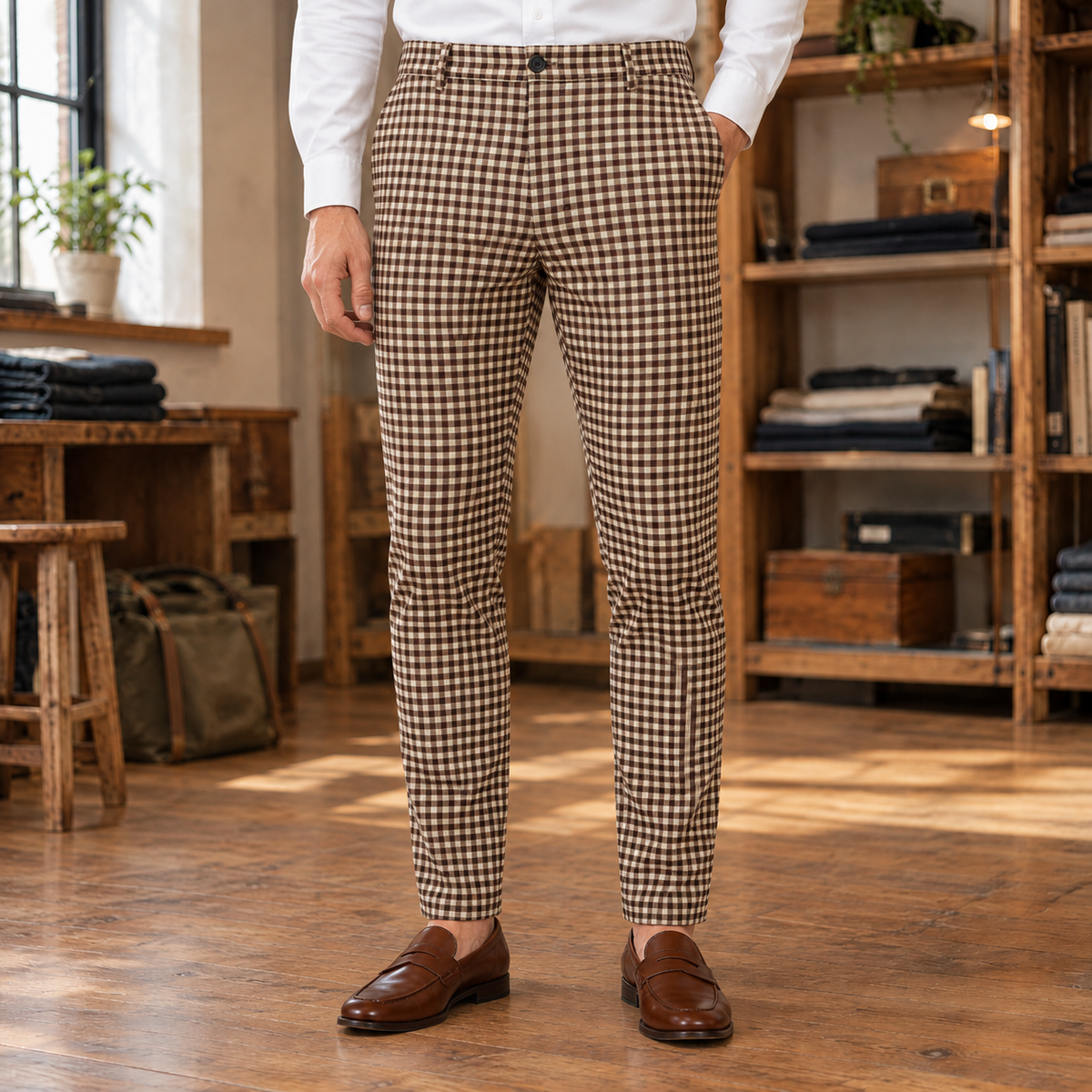 Fenwick Micro-Check Slim Trousers — Brown, worn, full trousers