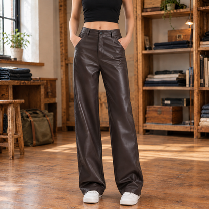 Sydney Faux-Leather Straight-Leg Trousers - Brown, worn, full trousers
