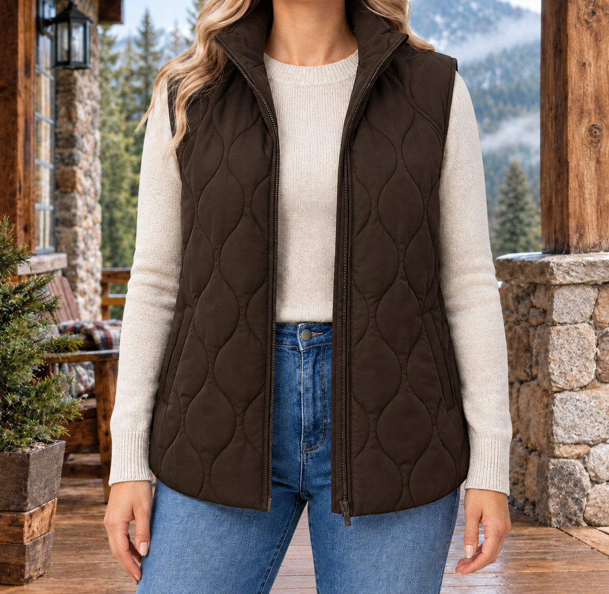 Megan Wave-Quilted Zip Vest - Brown, worn, full vest