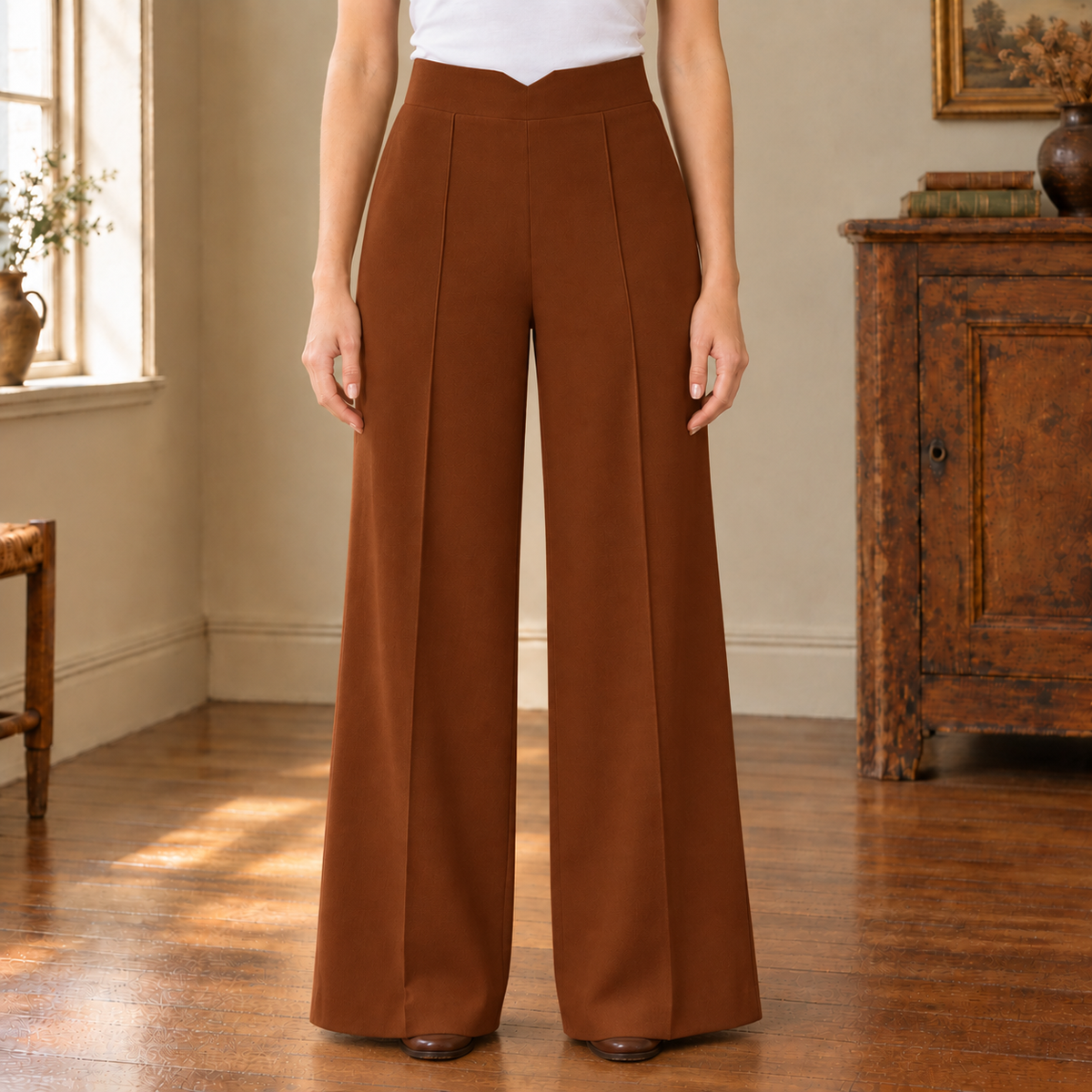 Natalie V-Waist Wide-Leg Trousers - Brown, worn, full trousers