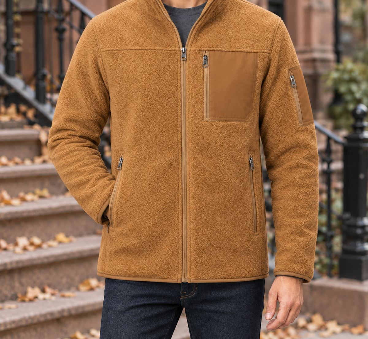 Ross Utility Fleece Zip Jacket - Dark Brown, worn, full jacket