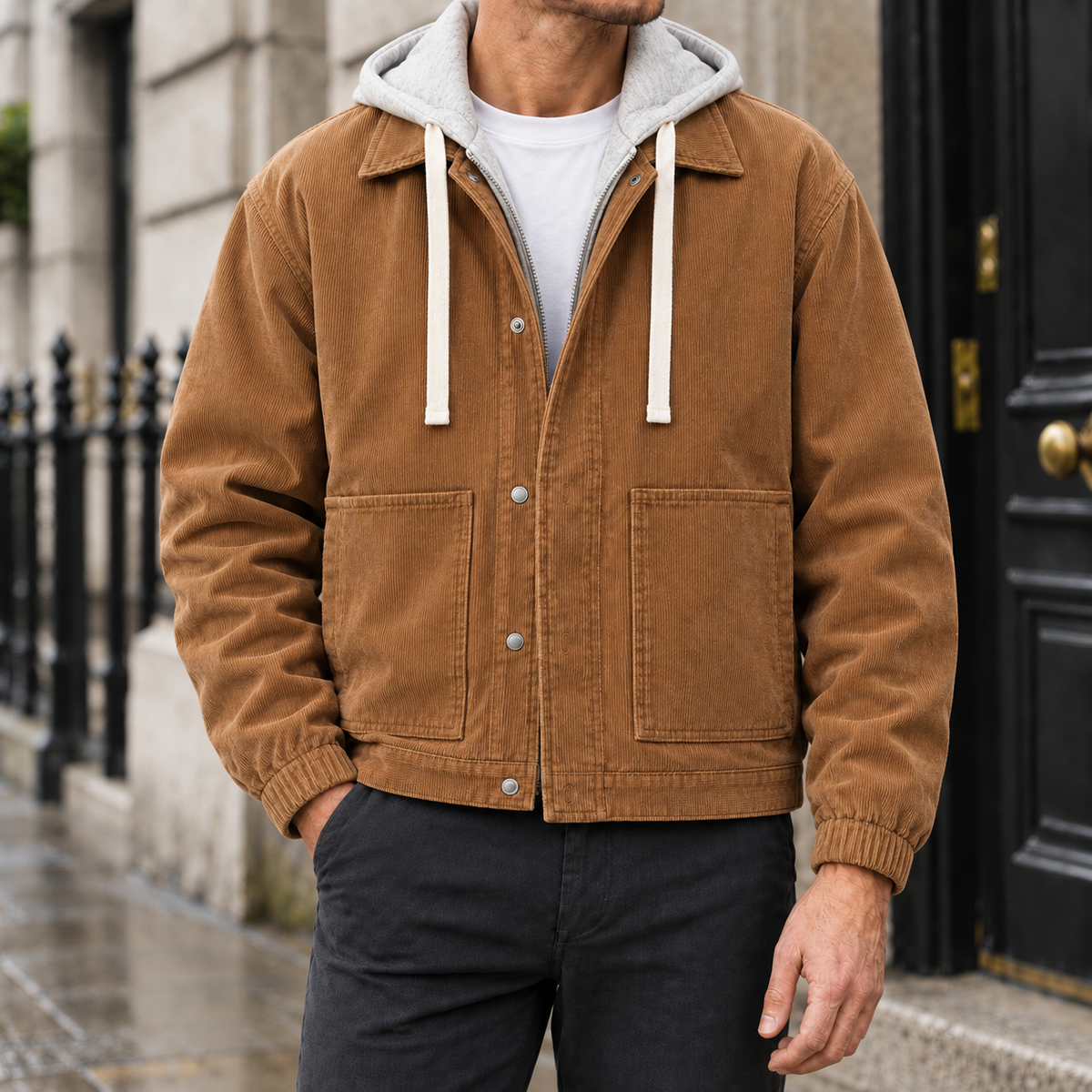Tyler Layered-Hood Corduroy Jacket - Brown, worn, full jacket