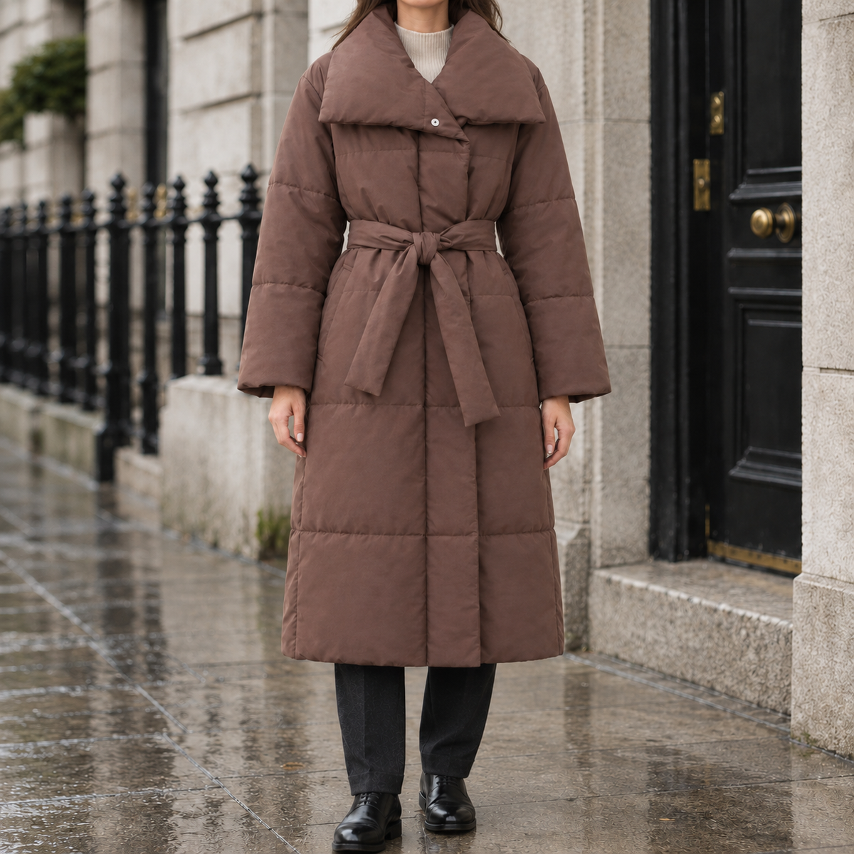 Megan Wrap-Collar Puffer Coat - Brown, worn, full coat