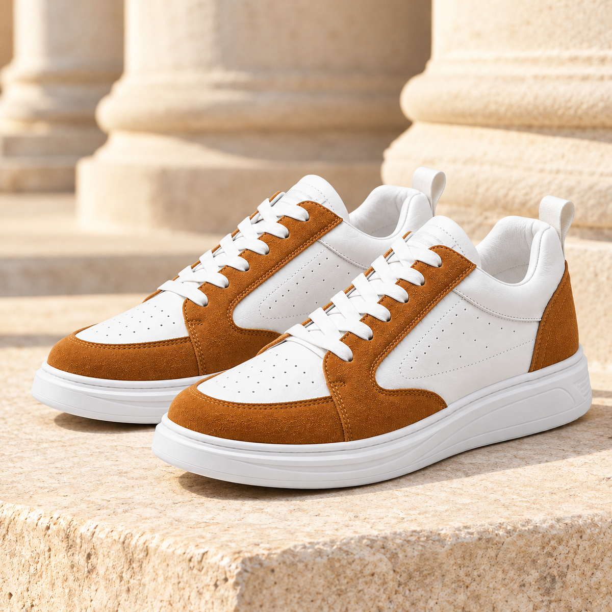 Caleb Suede-Panel Court Sneakers - Brown, full pair