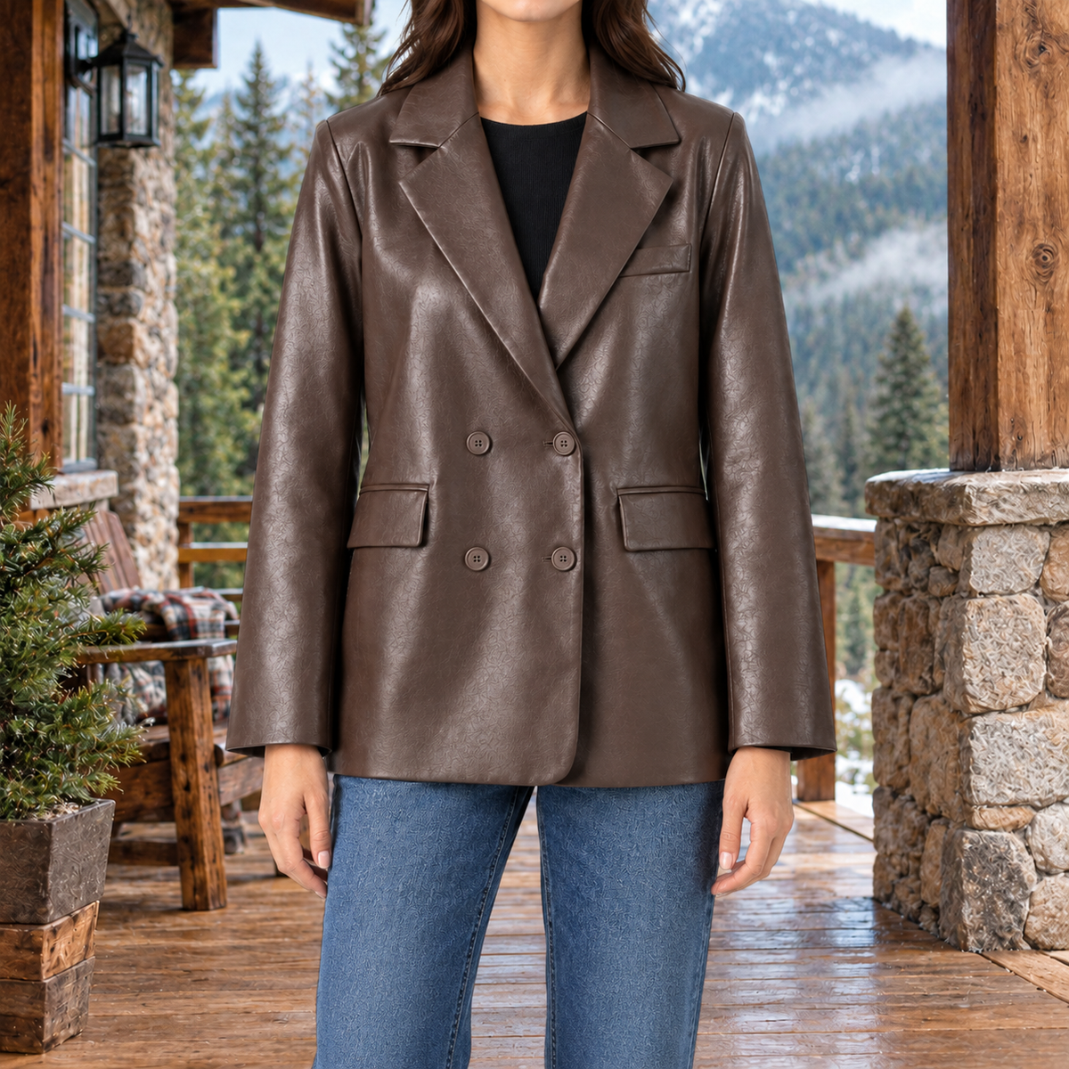 Courtney Faux-Leather Double-Breasted Blazer - Brown, worn, full blazer
