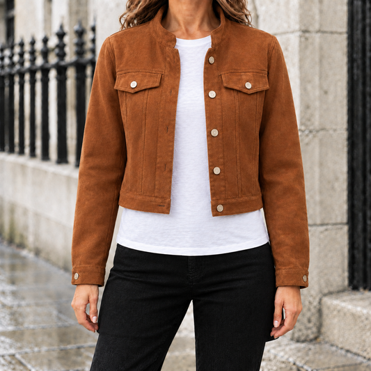 Sadie Faux-Suede Cropped Jacket - Brown, worn, full jacket