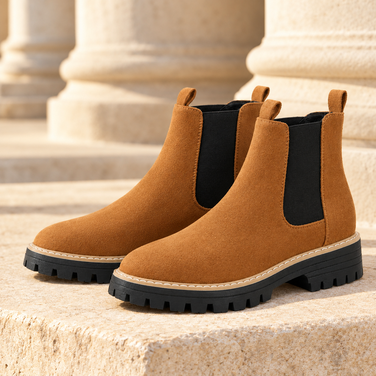 Kendall Faux-Suede Lug-Sole Chelsea Boots - Brown, full pair