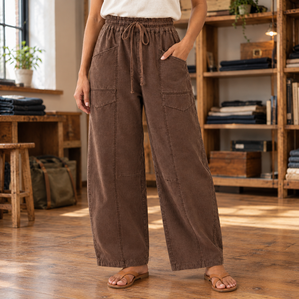 Willa Topstitched Barrel-Leg Pants - Brown, worn, full pants