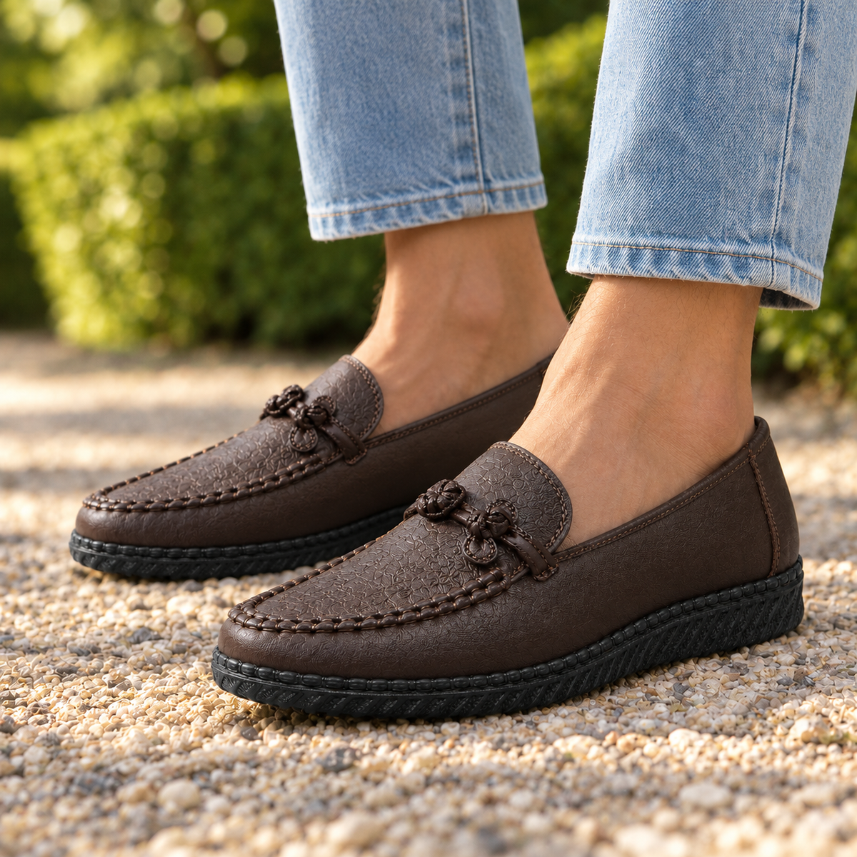 Alice Embossed Leather Moc Loafers - Brown, worn pair