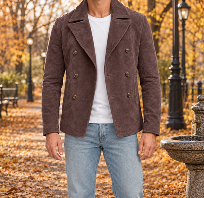 Spencer Suede-Look Double-Breasted Jacket - Brown, worn, full jacket