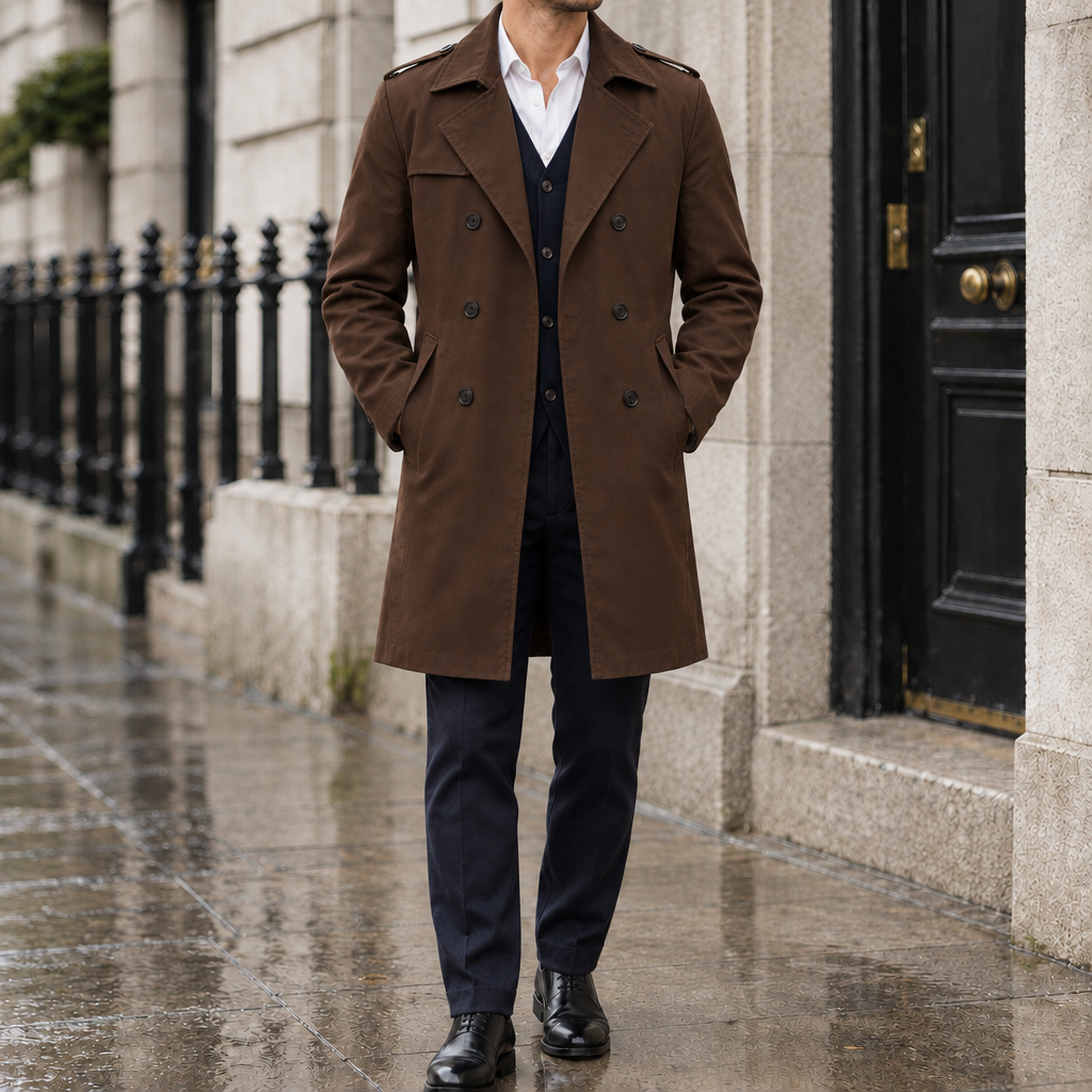 Bradley Double-Breasted Trench Coat - Brown, worn, full coat