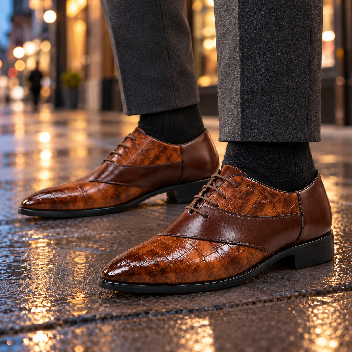 Vincent Croc-Embossed Leather Oxfords - Brown, worn pair