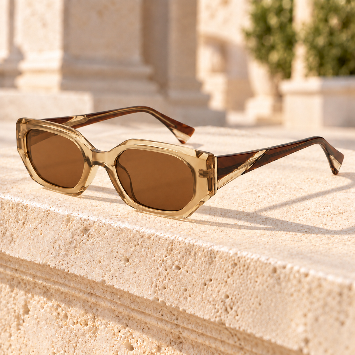 Drew Angular Geometric Sunglasses — Brown/Dark Brown, full frame
