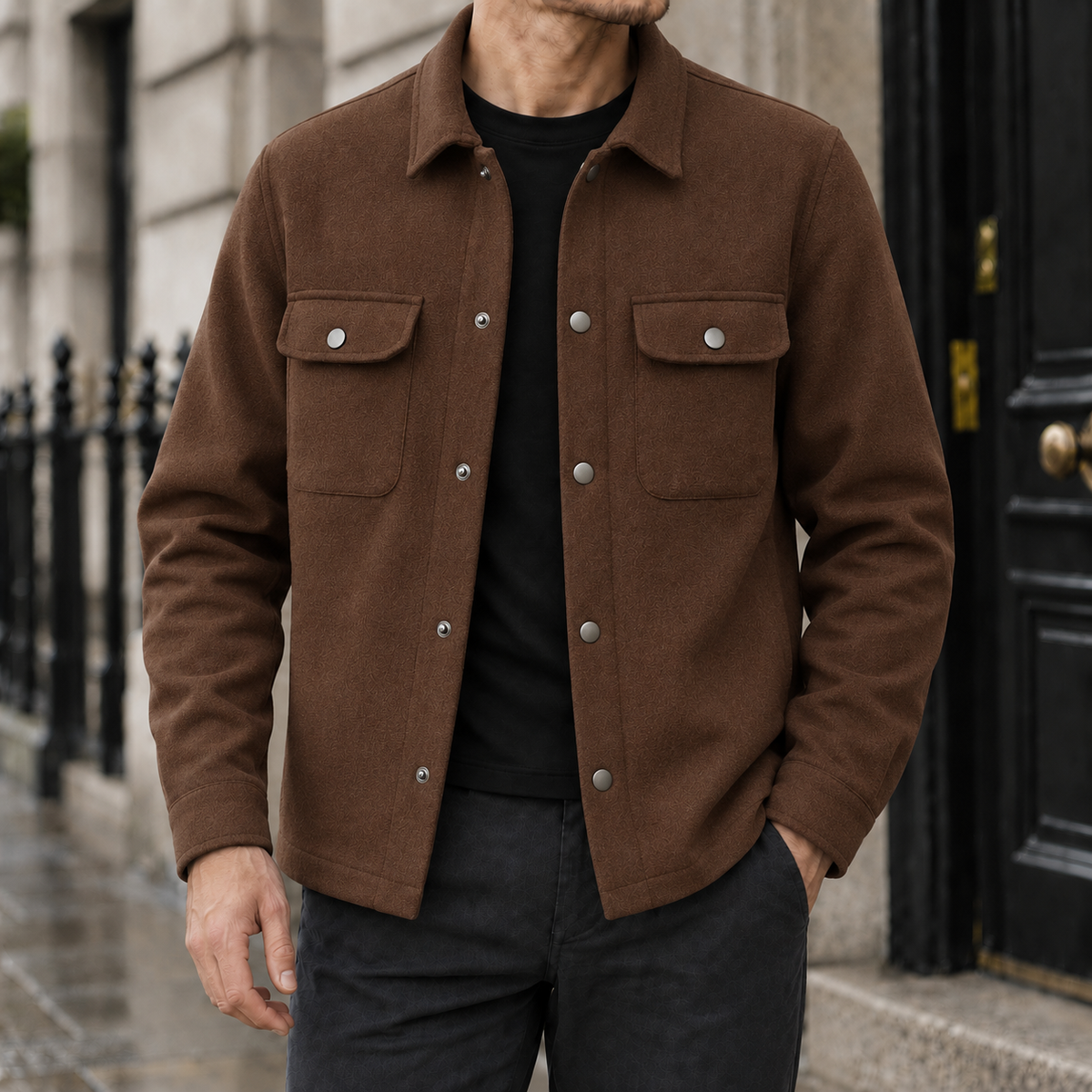 Garrett Brushed Snap-Front Shirt Jacket - Brown, worn, full jacket