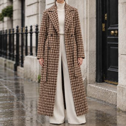 Diana Houndstooth Belted Maxi Coat - Brown, worn, full coat