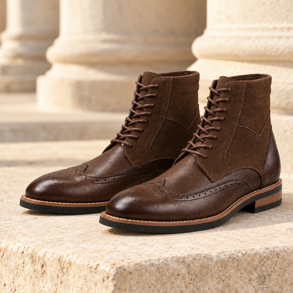 Russell Leather Wingtip Lace-Up Boots - Brown, full pair