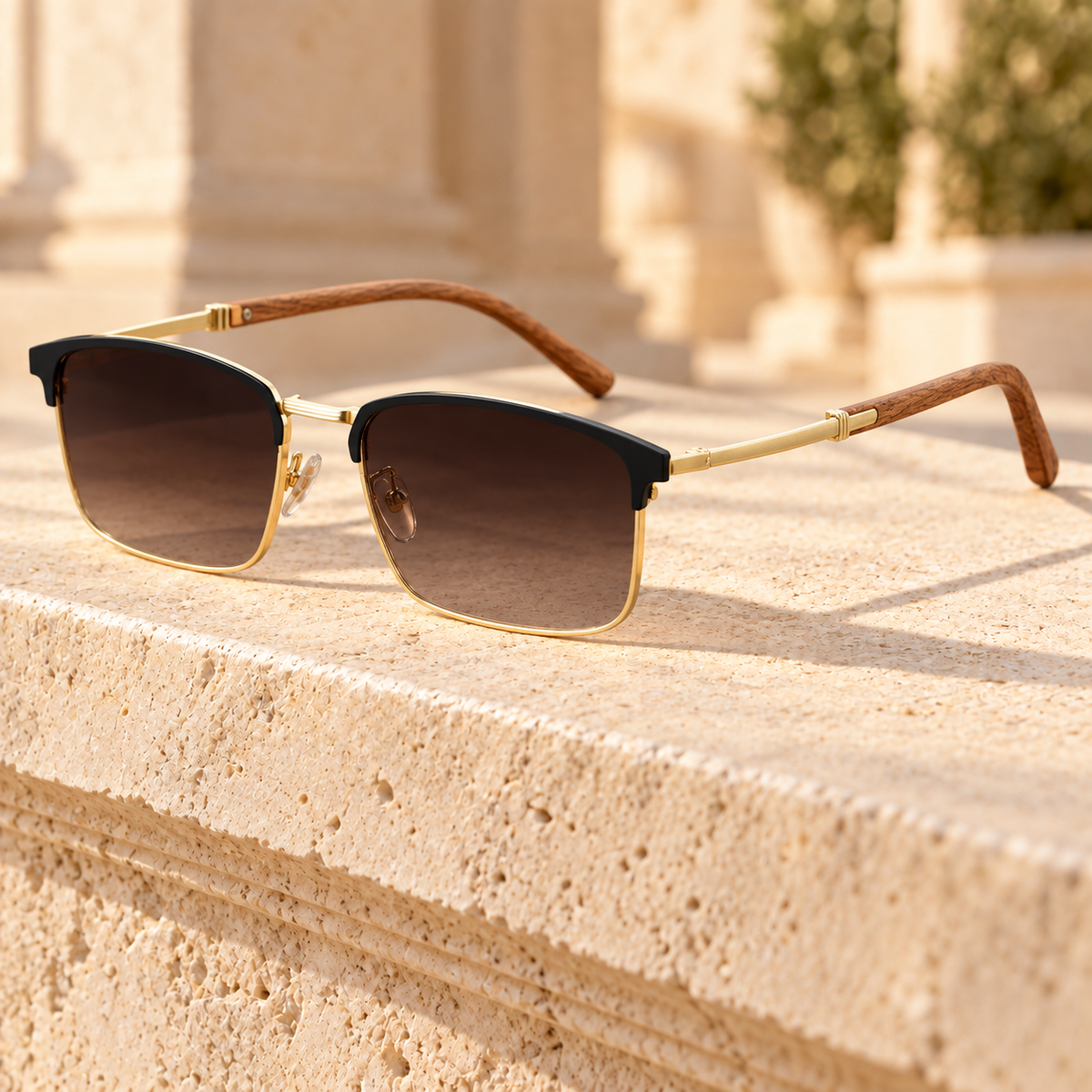 Thane Wood-Grain Browline Sunglasses — Brown, full frame