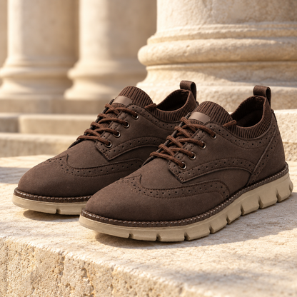 Ellis Knit-Collar Wingtip Sneakers - Brown, full pair