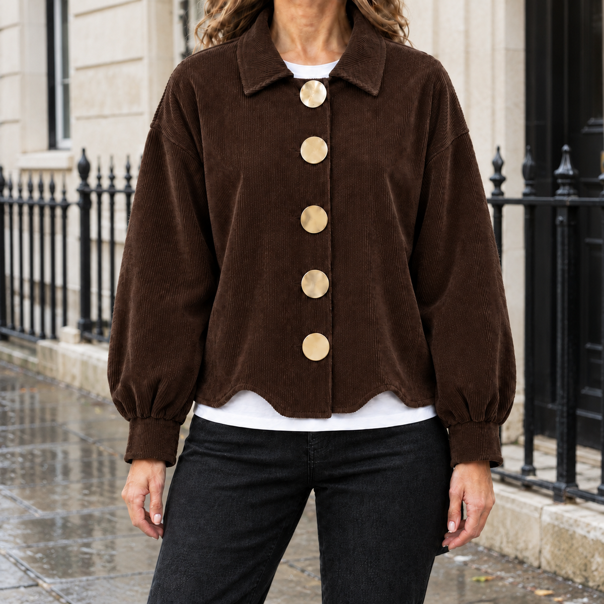 Hailey Big-Button Corduroy Jacket - Dark Brown, worn, full jacket
