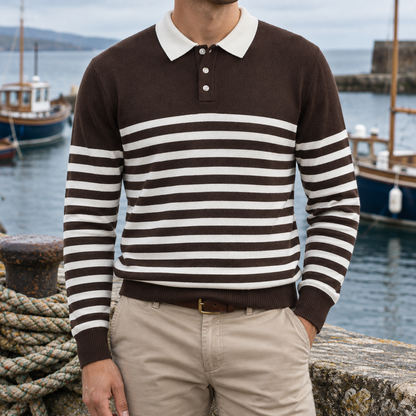 James Contrast-Collar Striped Knit Polo - Brown & White, worn, full polo