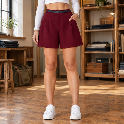 Lauren Belted Pleated Shorts - Burgundy, worn, full shorts