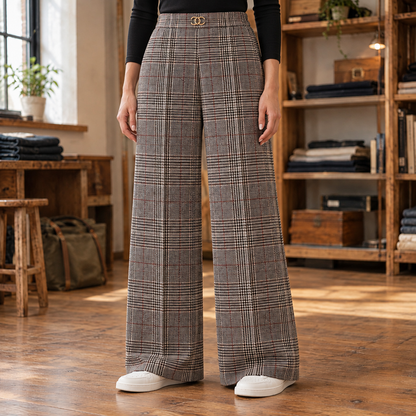 Emily Glen-Plaid Wide-Leg Trousers - Burgundy, worn, full trousers