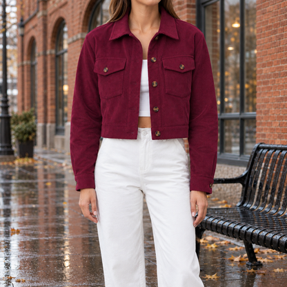 Abby Cropped Corduroy Jacket - Burgundy, worn, full jacket