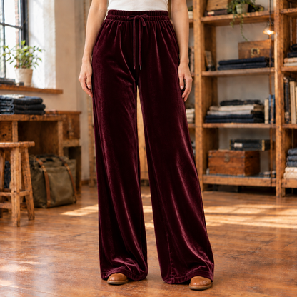 Violet Velvet Drawstring Wide-Leg Pants - Burgundy, worn, full length