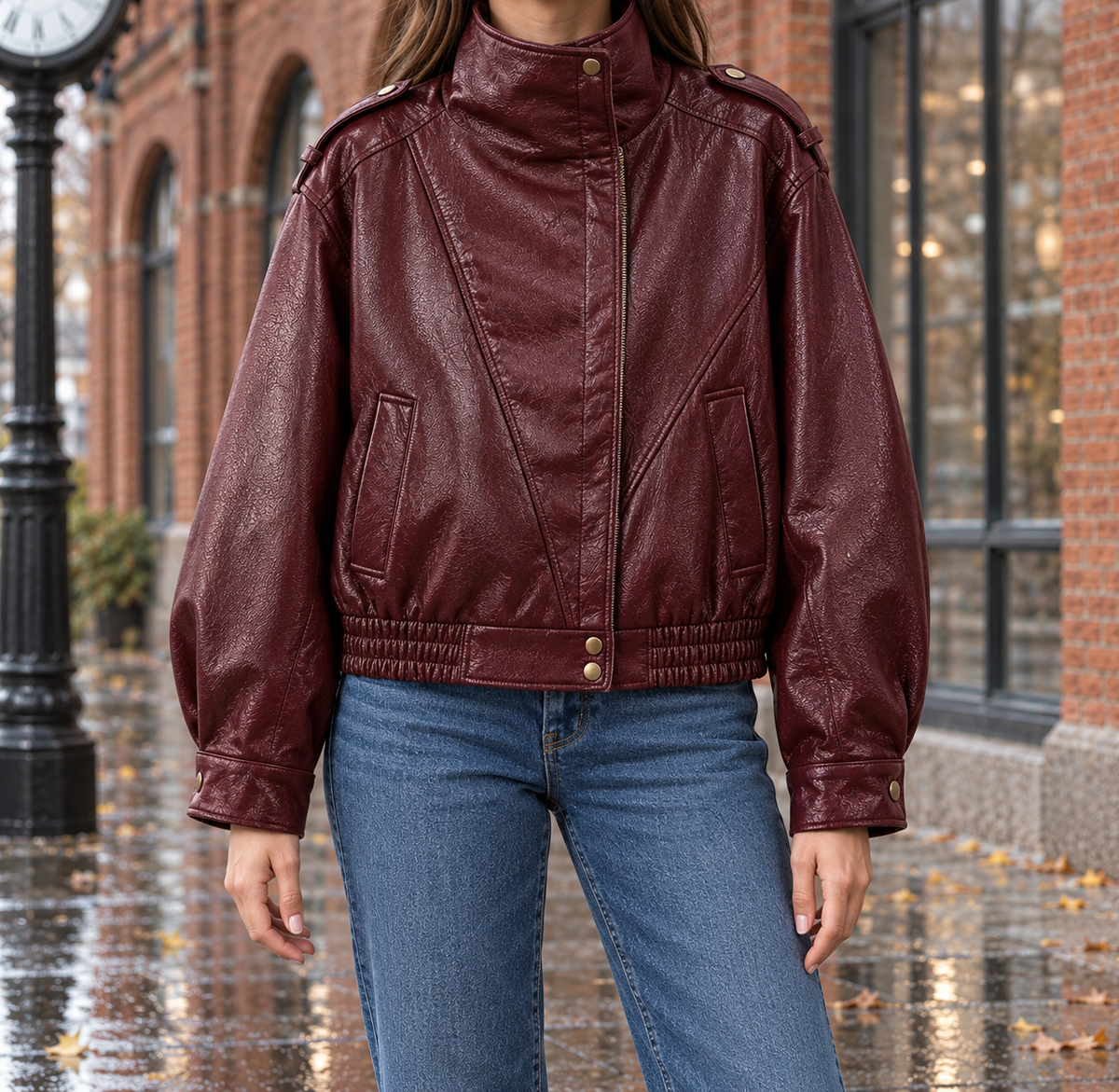 Jenna Faux-Leather Bomber Jacket - Burgundy, worn, full jacket