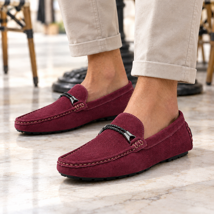 Ryan Braided-Bit Suede Driving Loafers - Burgundy, worn pair