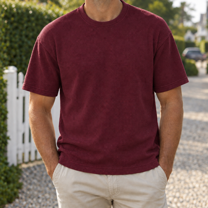 Harvey Heavyweight Waffle Tee - Burgundy, worn, full tee