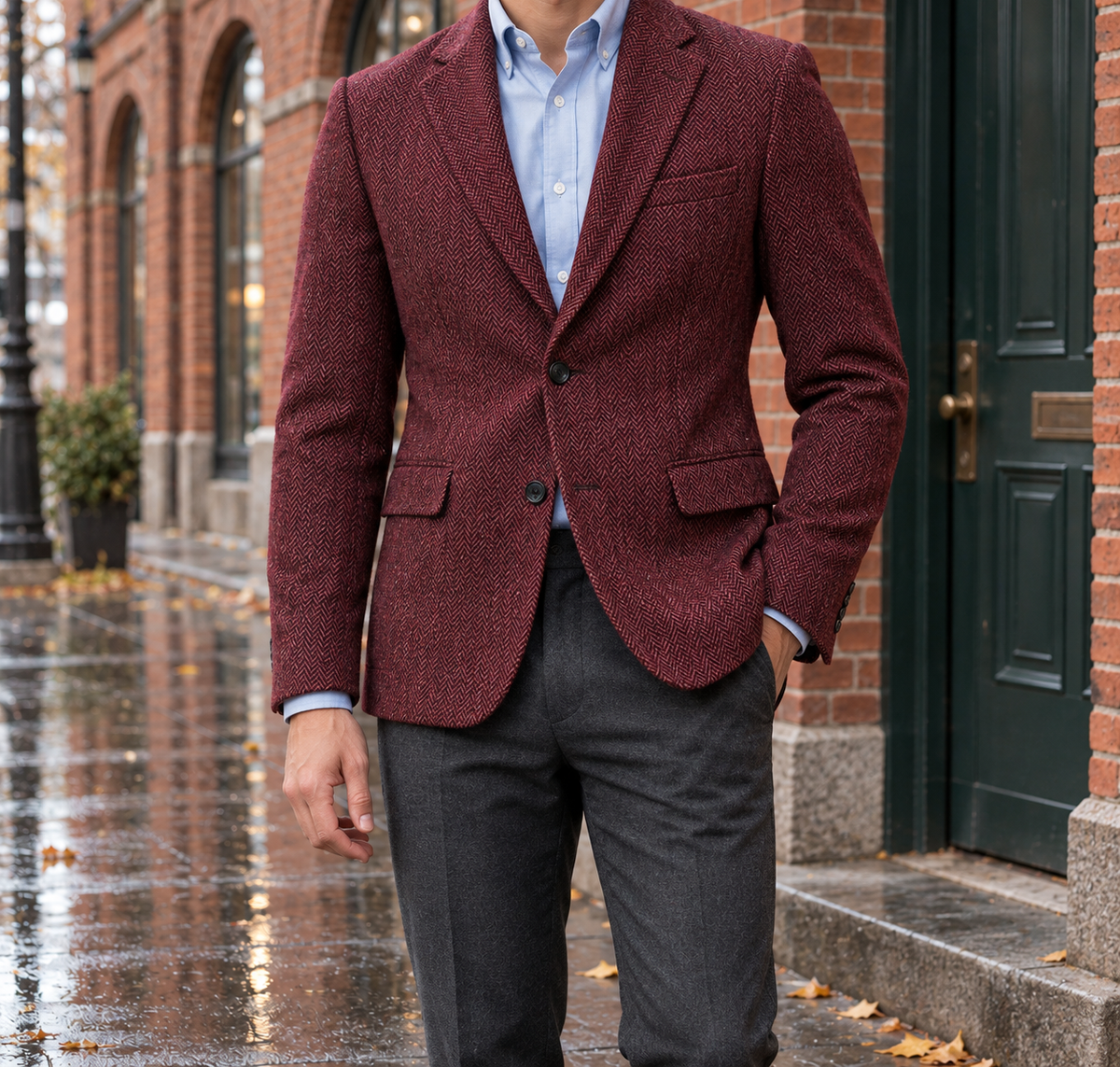 Edward Herringbone Two-Button Blazer - Burgundy, worn, full blazer