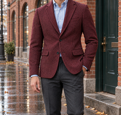 Edward Herringbone Two-Button Blazer - Burgundy, worn, full blazer