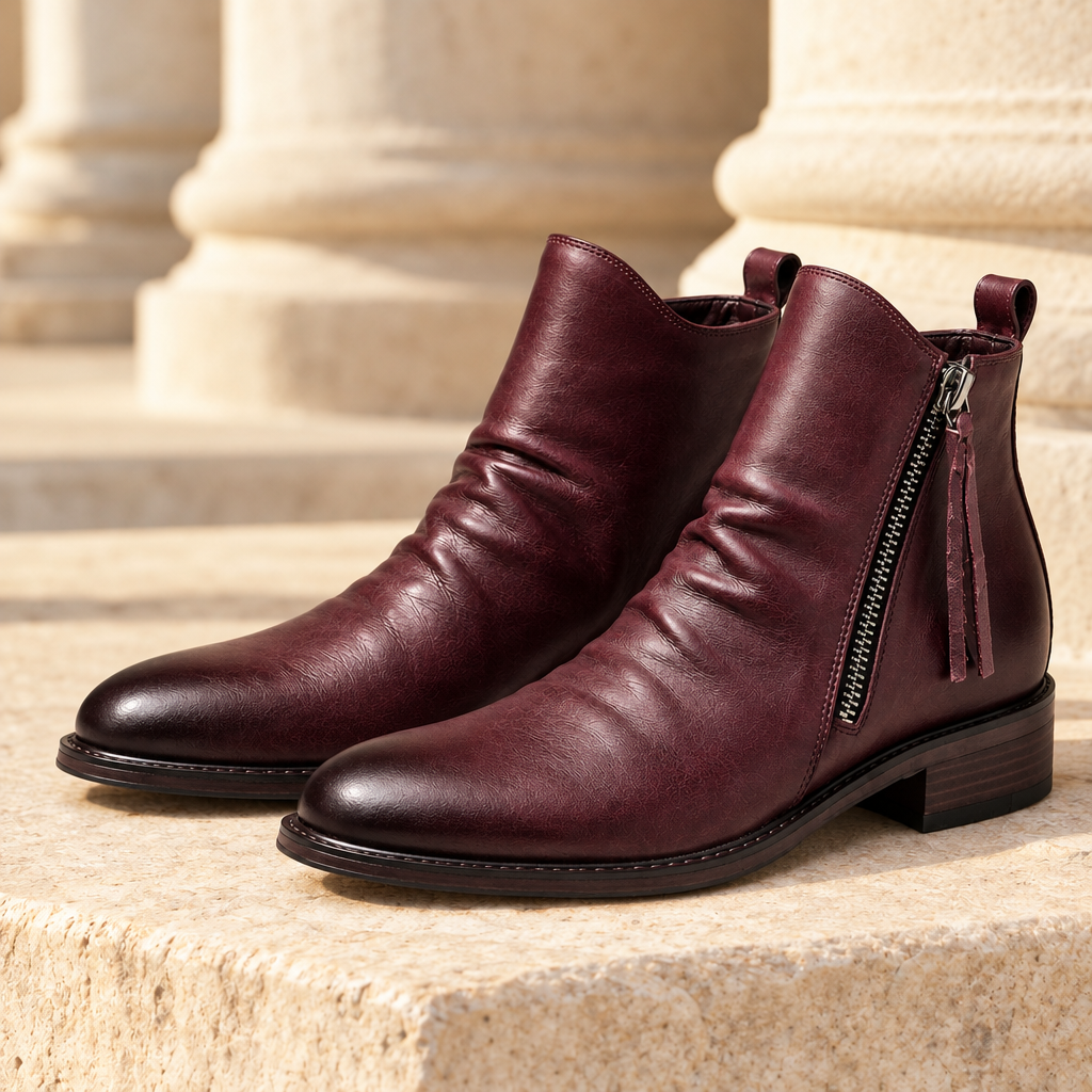Evan Ruched Side-Zip Boots - Burgundy, full pair