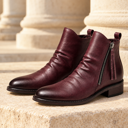Evan Ruched Side-Zip Boots - Burgundy, full pair