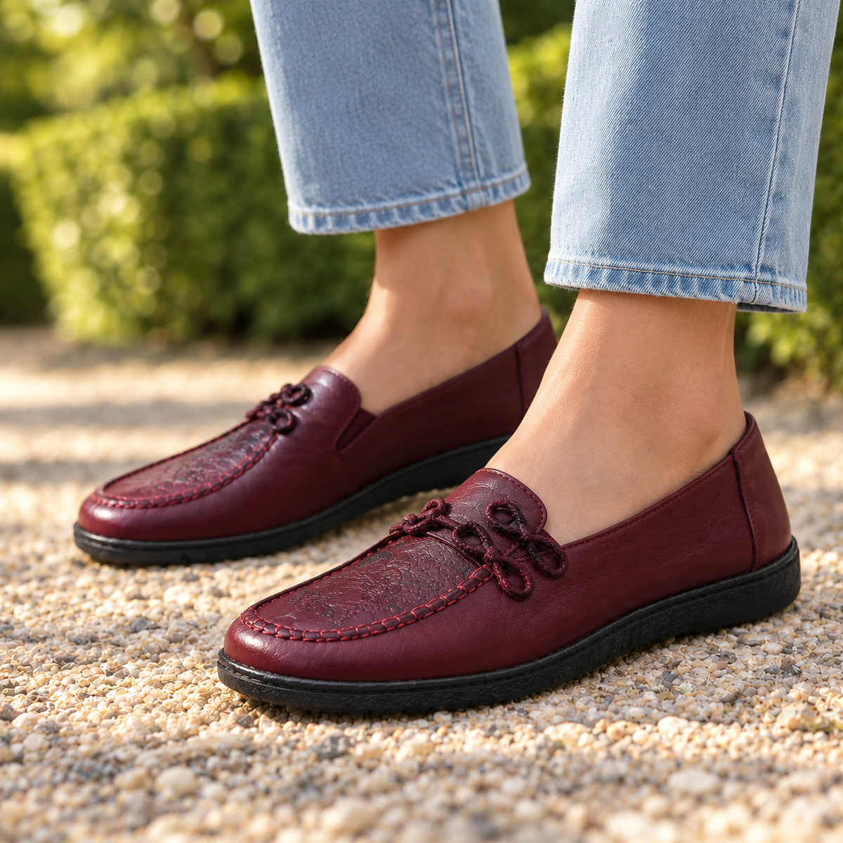 Alice Embossed Leather Moc Loafers - Burgundy, worn pair