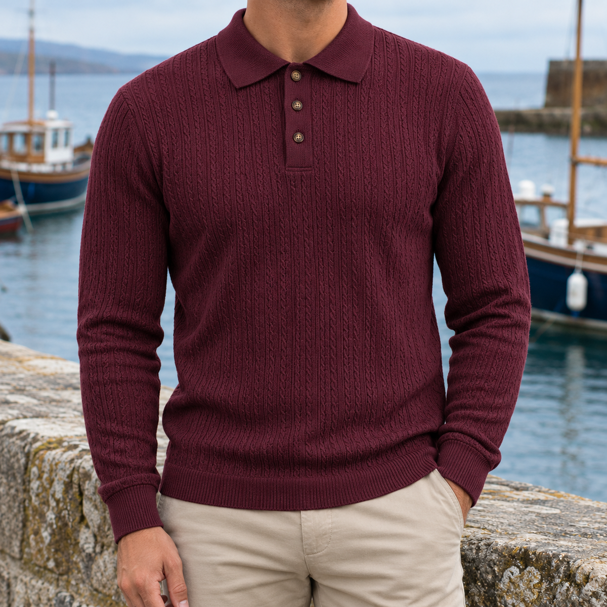 Richard Cable Jacquard Long-Sleeve Polo - Burgundy, worn, full polo