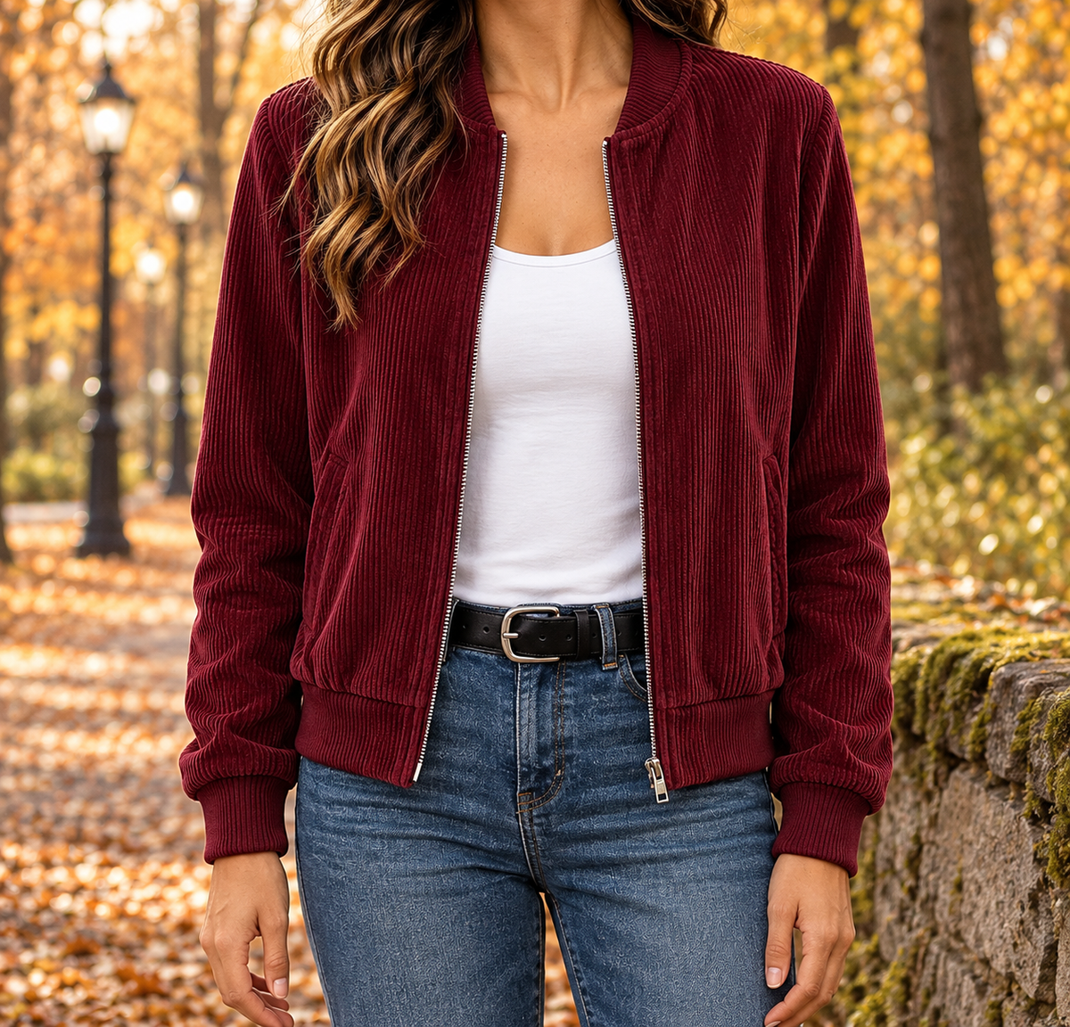 Kayla Corduroy Zip Bomber Jacket - Burgundy, worn, full jacket