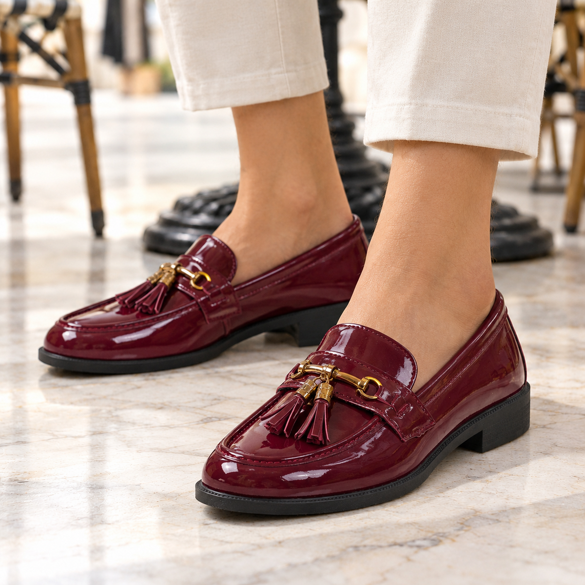 Stella Patent-Look Tassel Loafers - Burgundy, worn pair