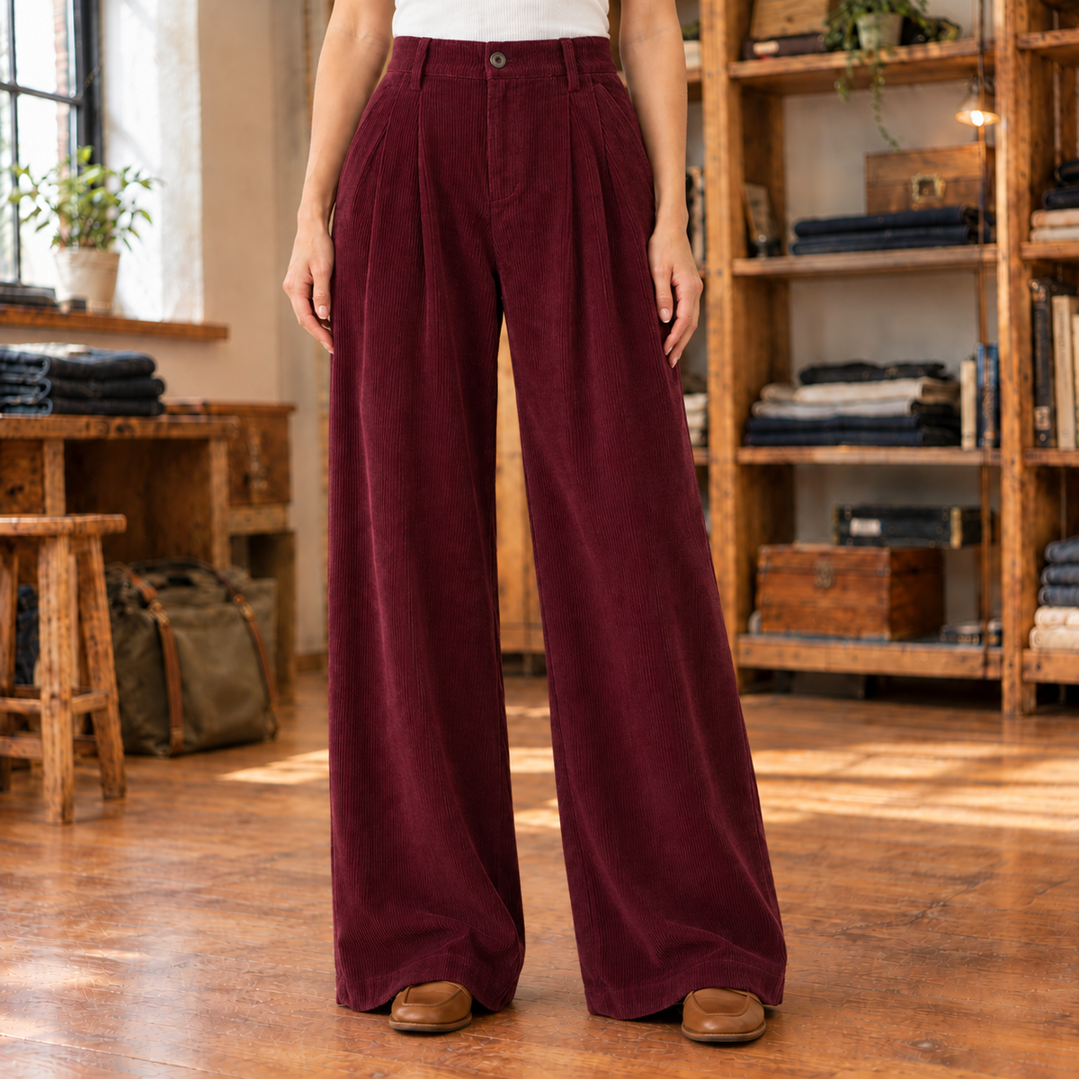 Brooke Pleated Corduroy Wide-Leg Trousers - Burgundy, worn, full length