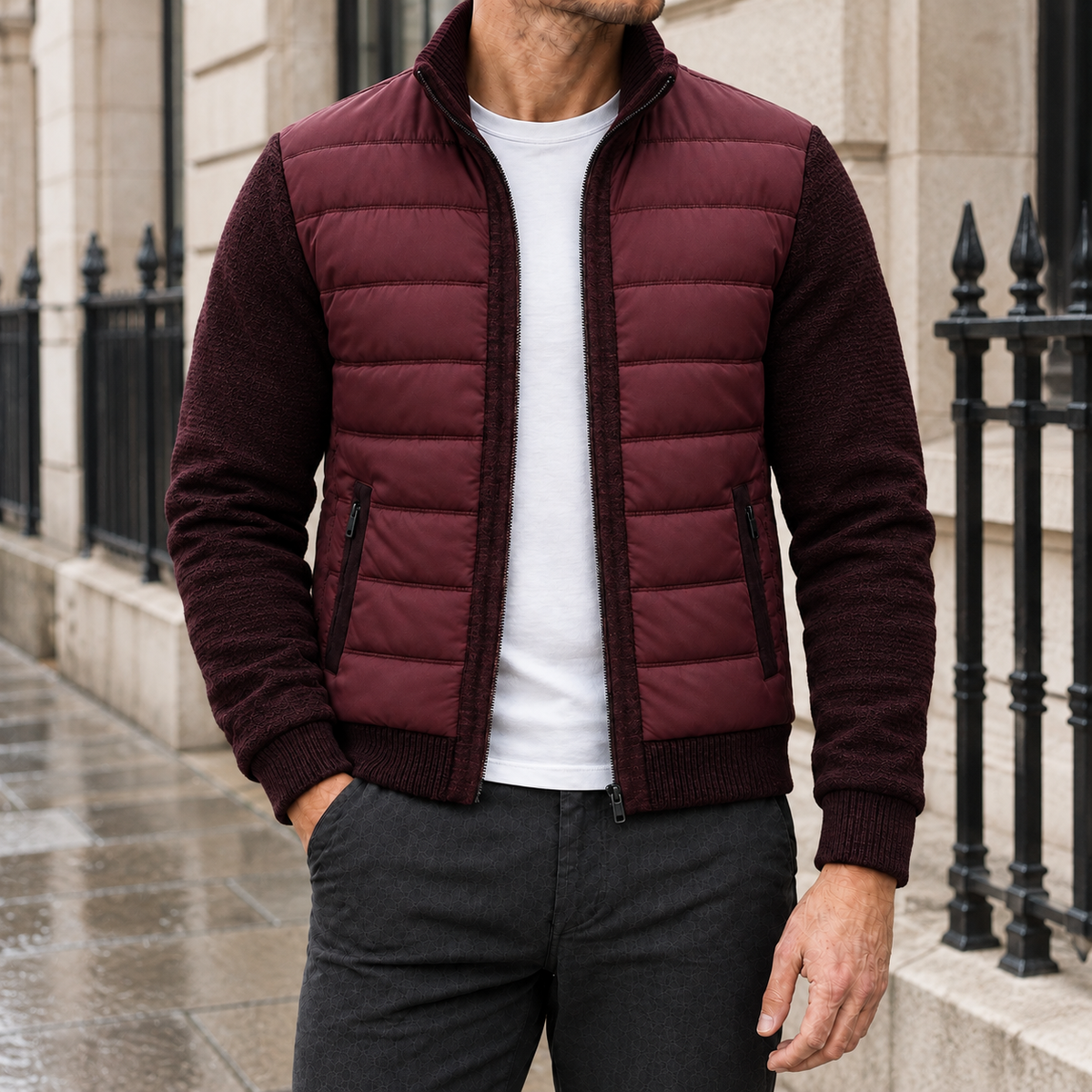 Ryan Knit-Sleeve Quilted Jacket - Burgundy, worn, full jacket