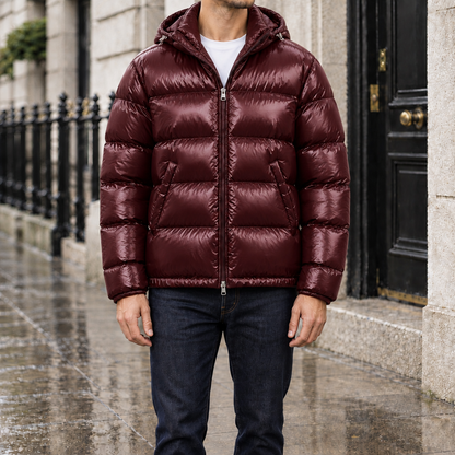 Blake Glossy Hooded Puffer Jacket - Burgundy, worn, full jacket
